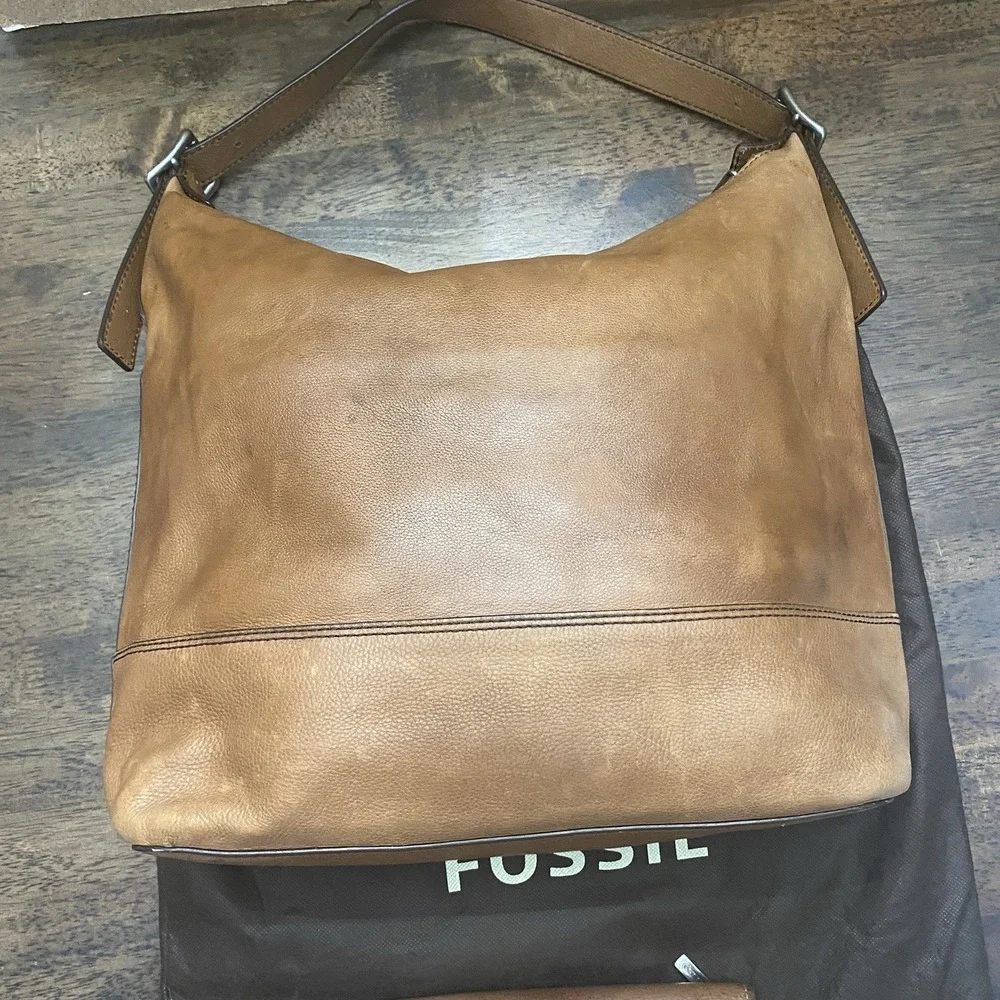Fossil Brown Leather Hobo Shoulder Bag W Matching Wallet & Dust Bag